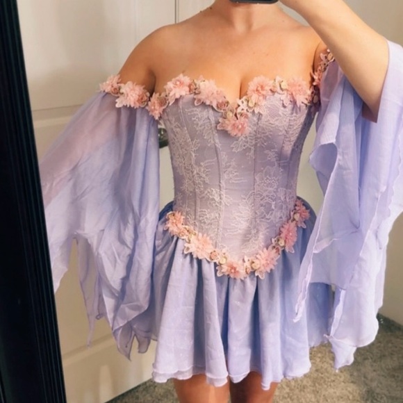Dolls Kill Lavender Floral Off-Shoulder Dress - Picture 1 of 5